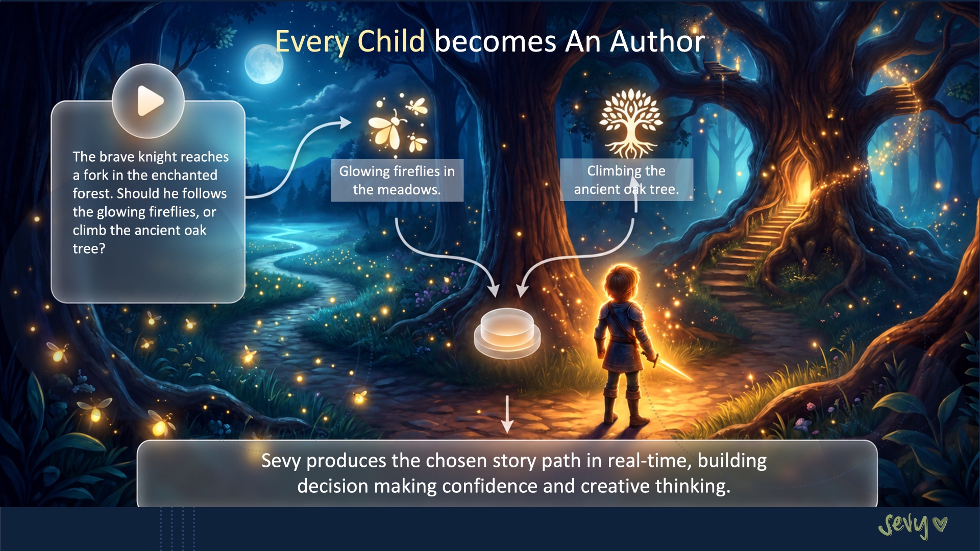Every child becomes an author — a child co-creating a story with Sevy in an enchanted forest.