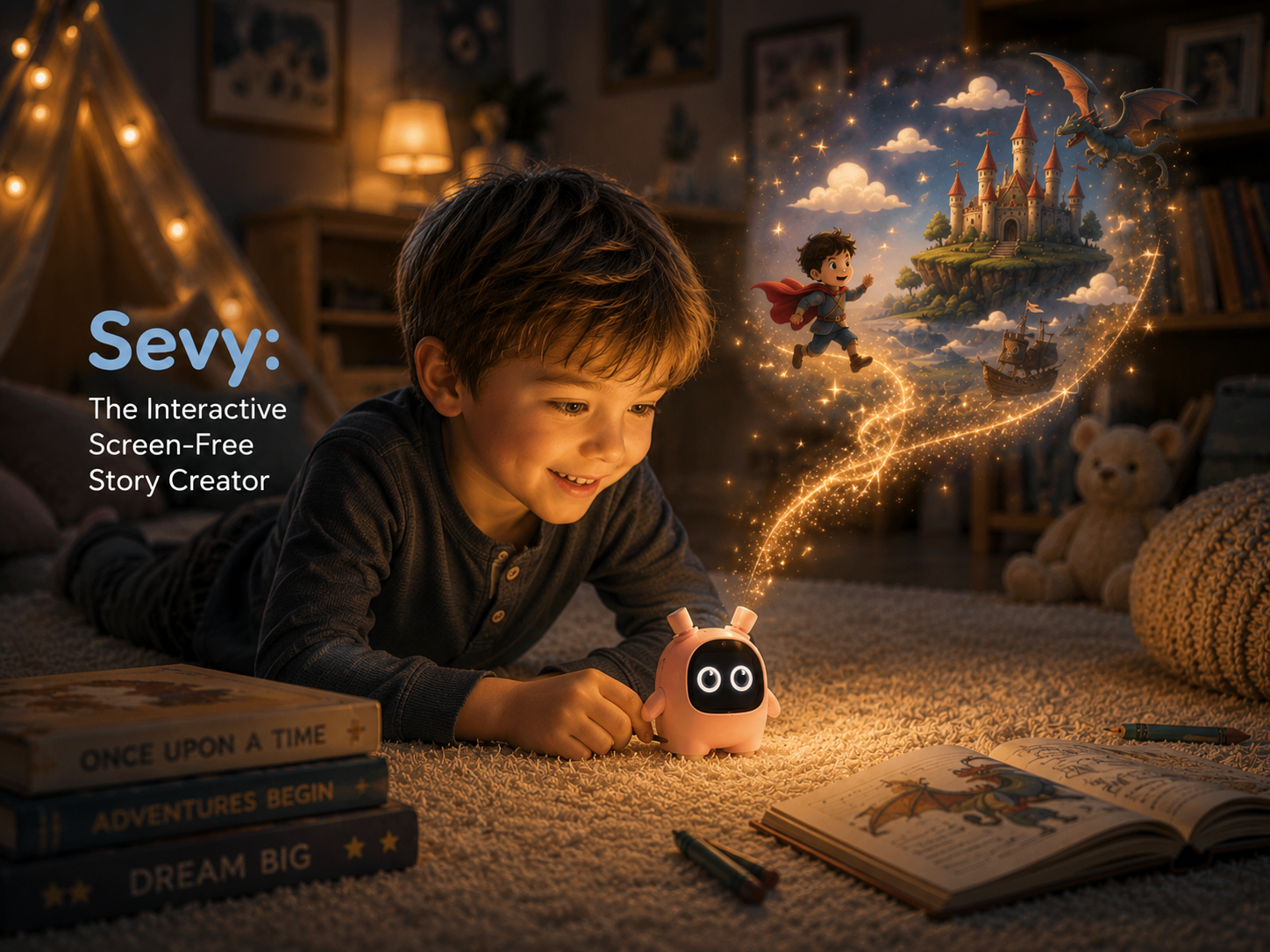 A child reading a magical storybook glowing with warm sparks