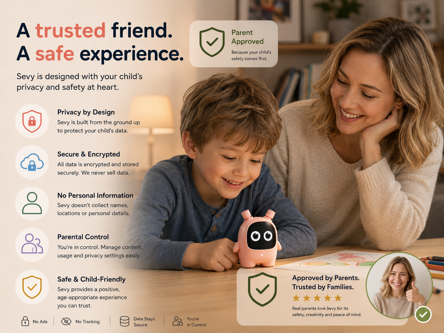 A parent and child sharing a safe, screen-free moment with Sevy