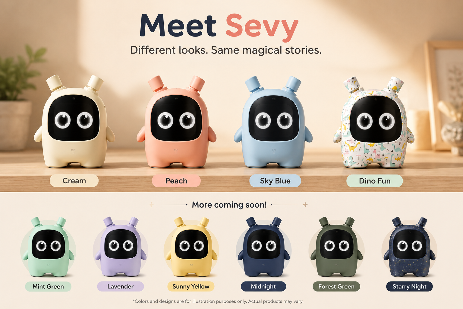 Sevy companions in Cream, Peach, Sky Blue, and Dino Fun